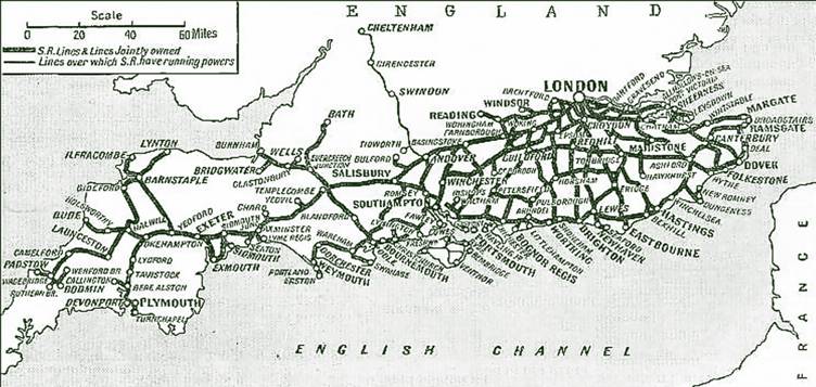 Southern Railway lines map, completely omitting the Great Western Railway lines between Exeter and Plymouth